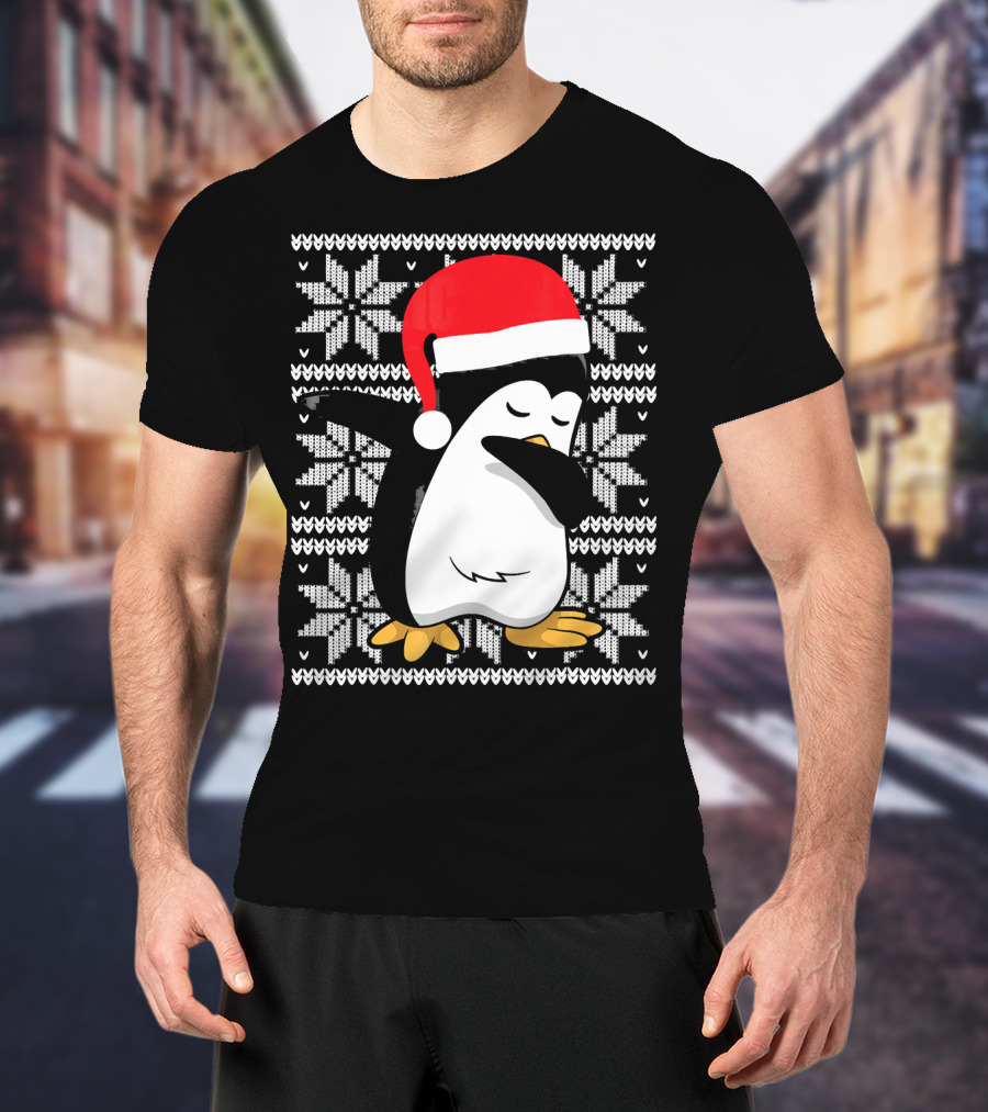Ugly Christmas Dabbing Penguin Santa Hat Snowflake T-Shirt