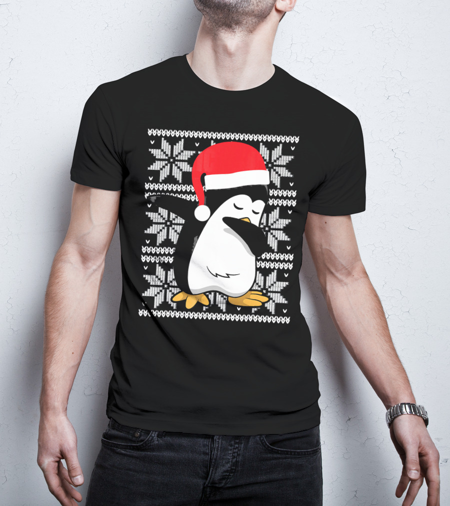 Ugly Christmas Dabbing Penguin Santa Hat Snowflake T-Shirt