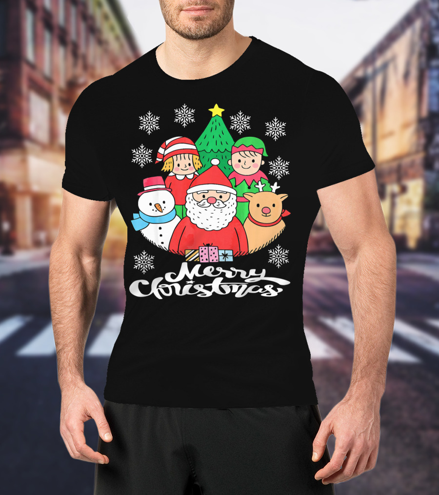 Merry Christmas Santa Claus Elf Snowman Reindeer Tree T-Shirt