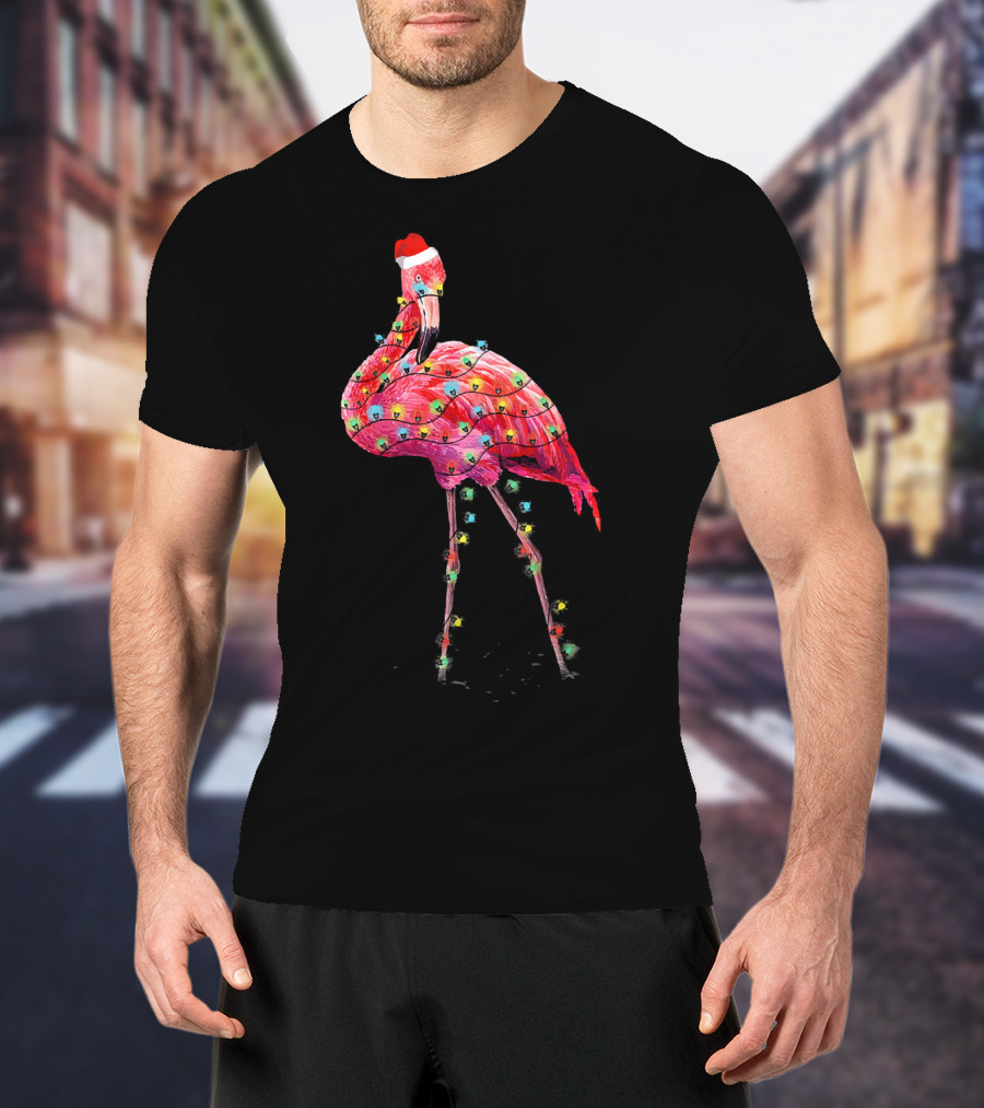 Cute Pink Flamingo Christmas Lights Santa Hat T-Shirt