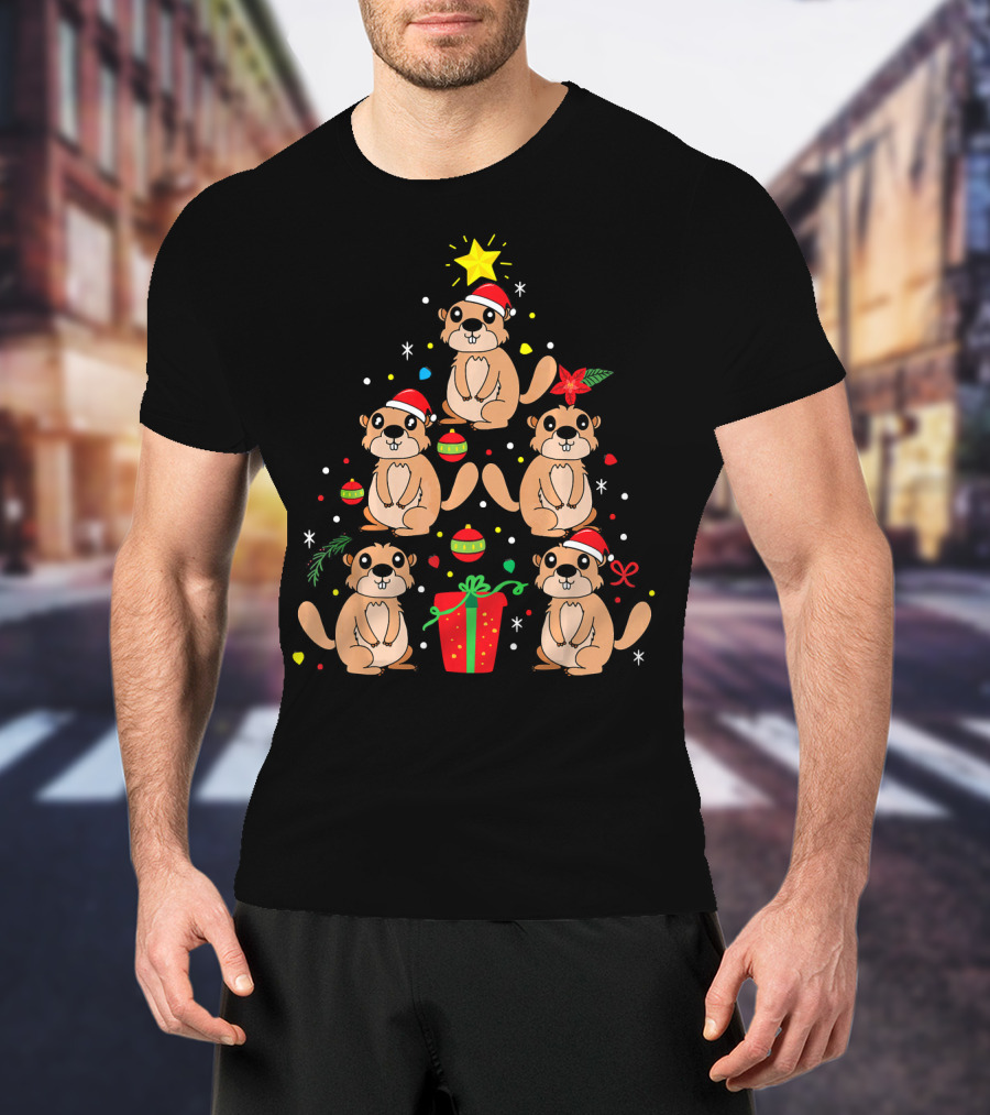 Groundhog Christmas Ornament Tree With Santa Hats And Gift T-Shirt