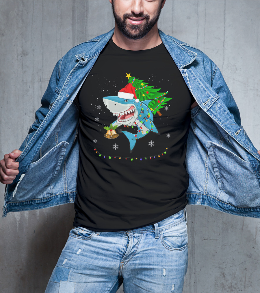 Shark Christmas Tree Santa Hat Holiday Lights Snowflakes T-Shirt