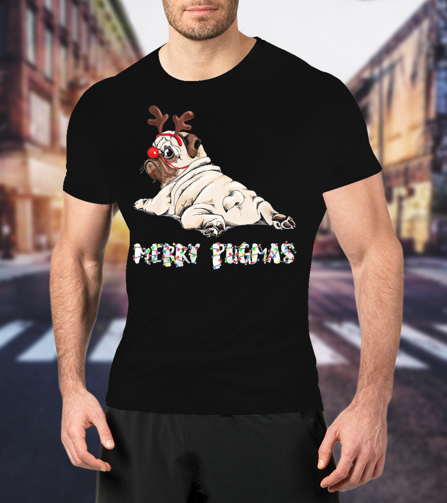 Merry Pugmas Christmas Reindeer Pug With Festive Lights For Dog Love T-Shirt