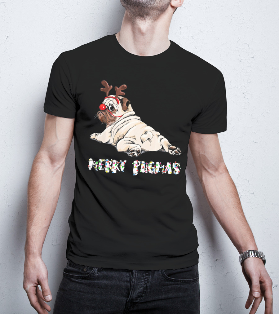 Merry Pugmas Christmas Reindeer Pug With Festive Lights For Dog Love T-Shirt