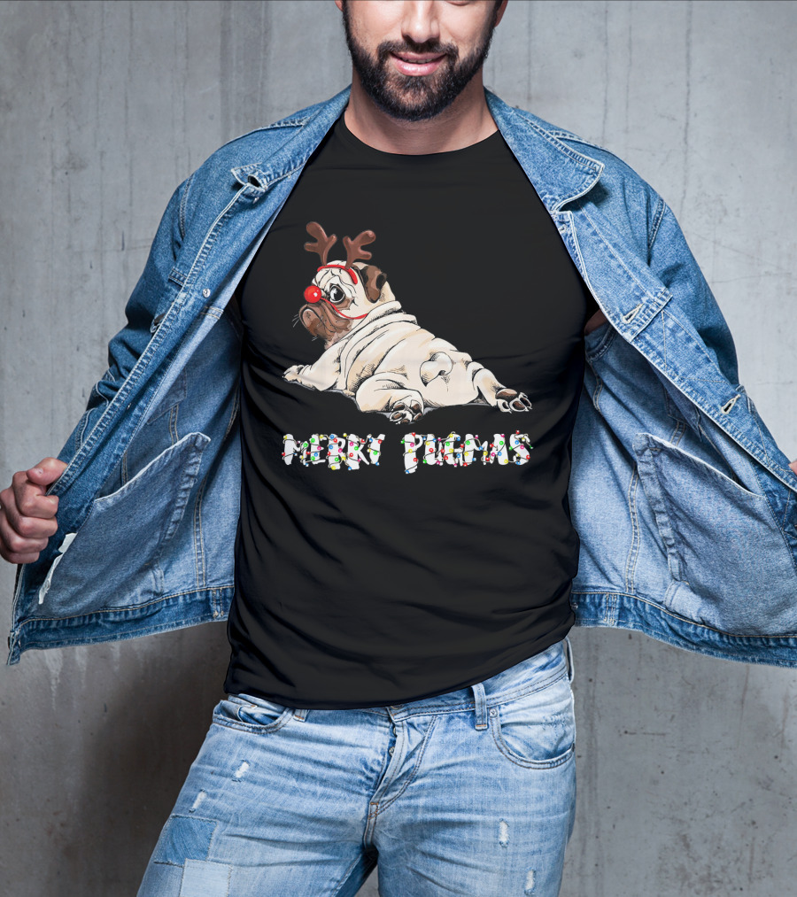 Merry Pugmas Christmas Reindeer Pug With Festive Lights For Dog Love T-Shirt