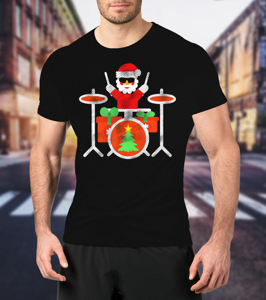 Funny Drummer Santa Christmas Drum Set With Gifts And Tree T-Shirt
