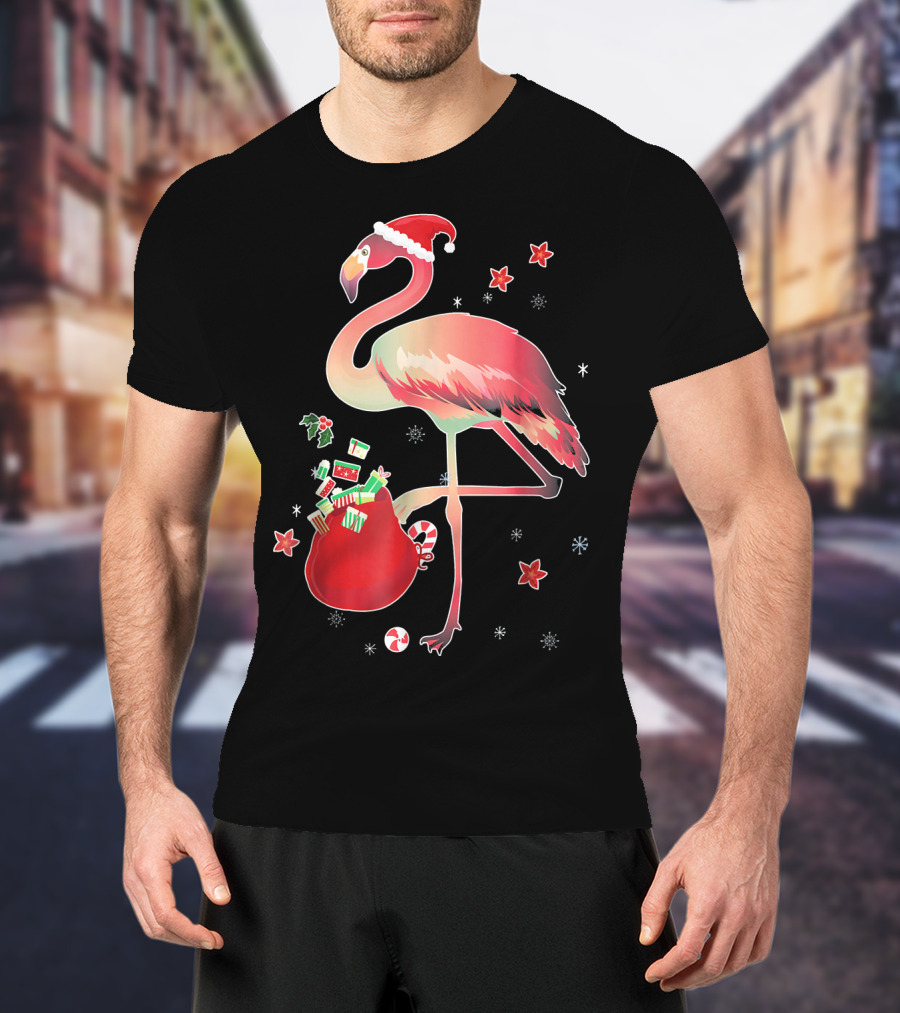 Ugly Christmas Funny Pink Flamingo With Santa Hat And Holiday Gift Bag T-Shirt