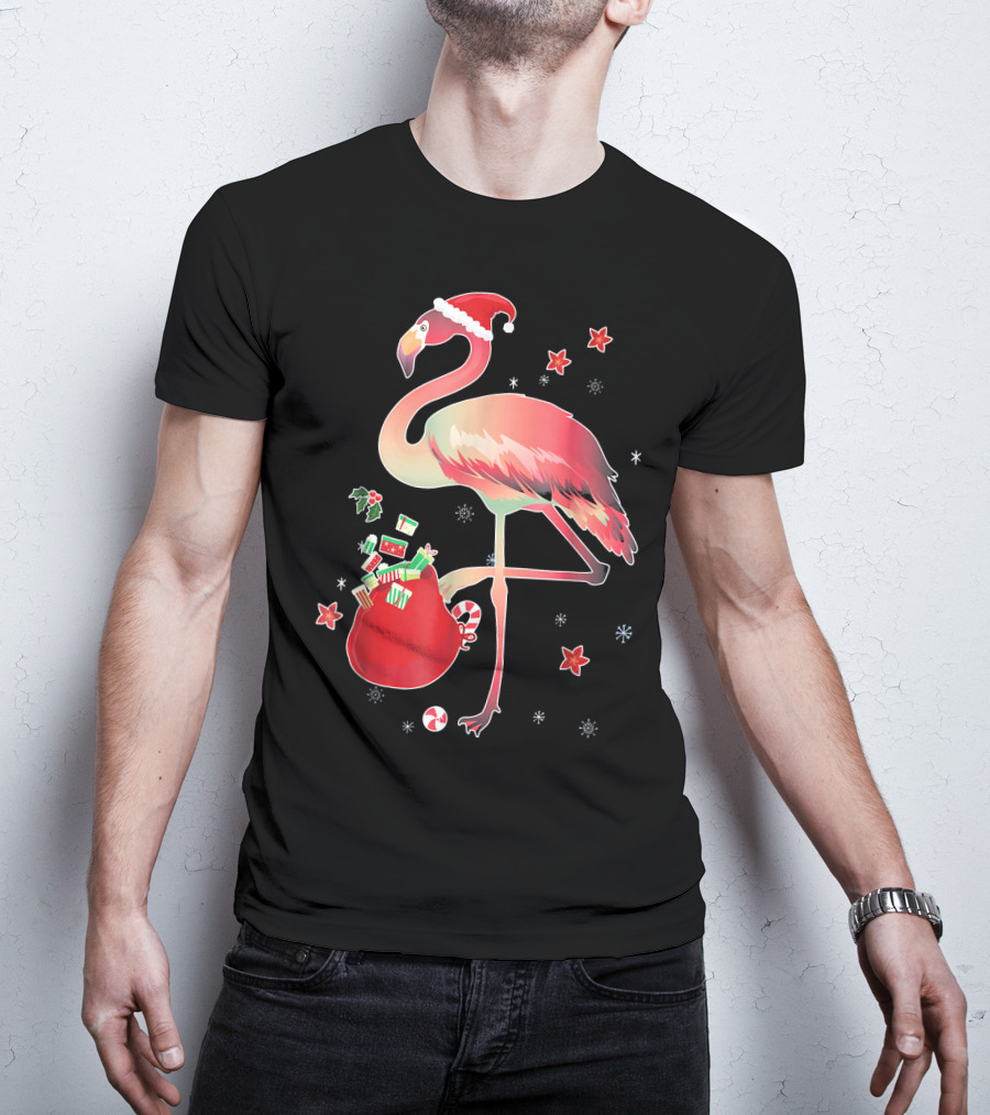 Ugly Christmas Funny Pink Flamingo With Santa Hat And Holiday Gift Bag T-Shirt