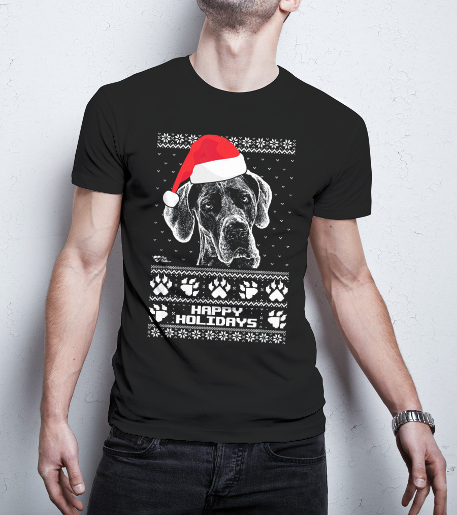 Great Dane Happy Holidays Santa Hat Paw Prints T-Shirt