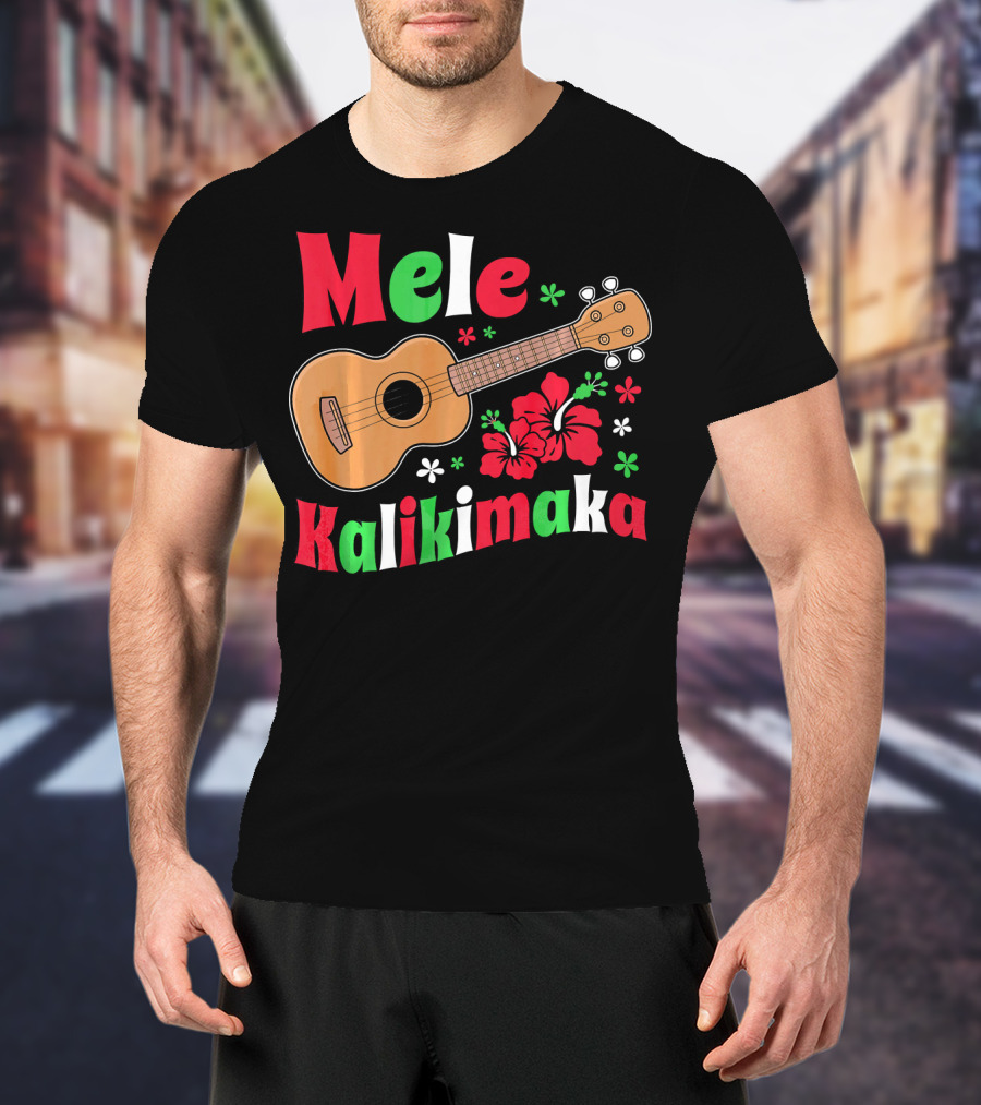 Mele Kalikimaka Ukulele Hibiscus Hawai Christmas T-Shirt