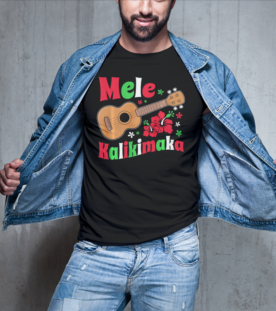 Mele Kalikimaka Ukulele Hibiscus Hawai Christmas T-Shirt