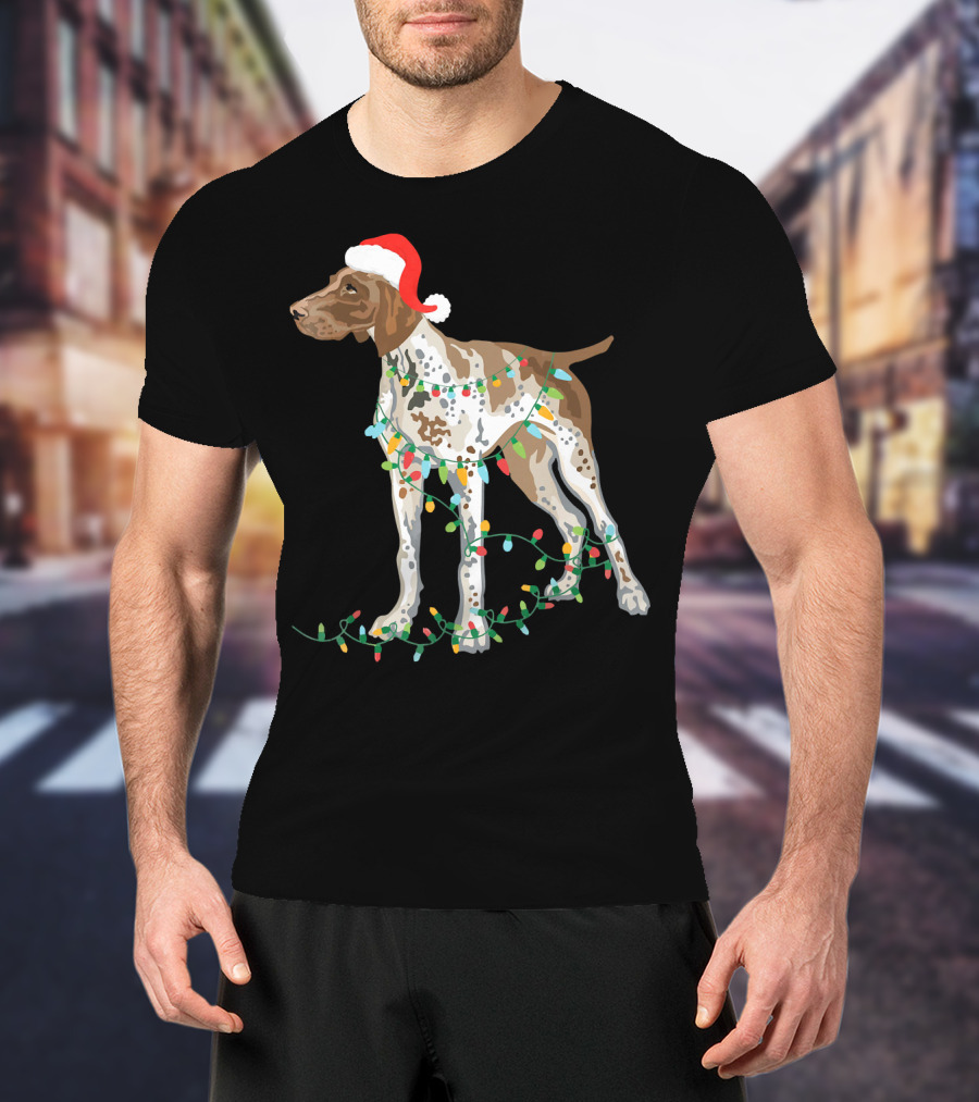 German Shorthaired Pointer Wearing Santa Hat With Christmas Lights Entwined T-Shirt