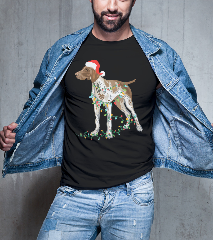 German Shorthaired Pointer Wearing Santa Hat With Christmas Lights Entwined T-Shirt
