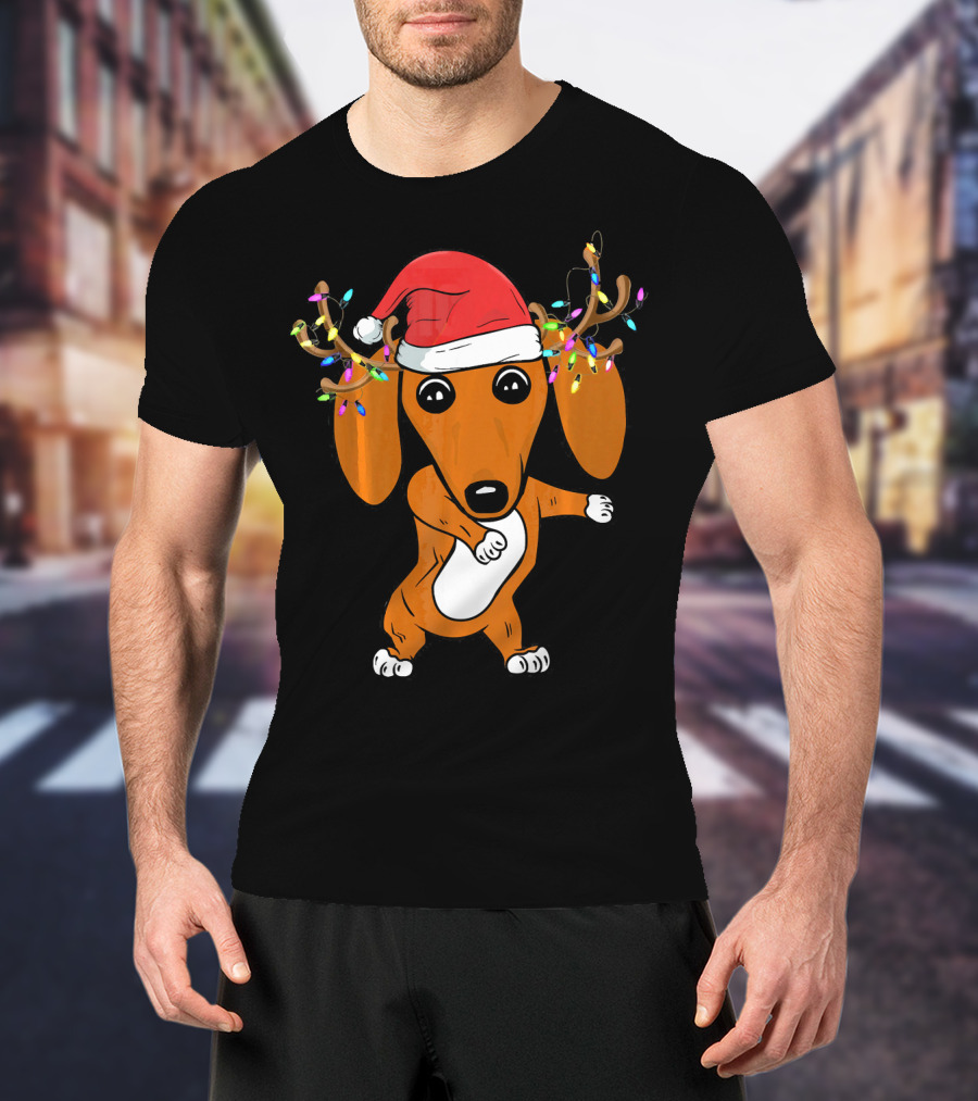 Dabbing Dachshund With Santa Hat And Reindeer Antlers T-Shirt