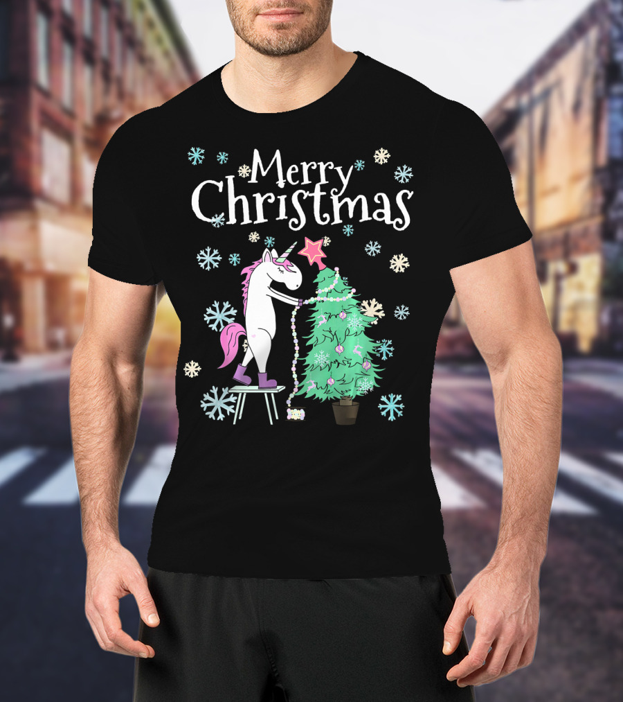 Merry Christmas Funny Unicorn Decorating Christmas Tree T-Shirt