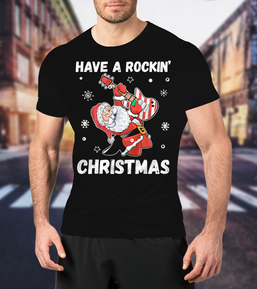Have A Rockin' Christmas Guitarist Santa With Festive Snowflakes And Stars T-Shirt