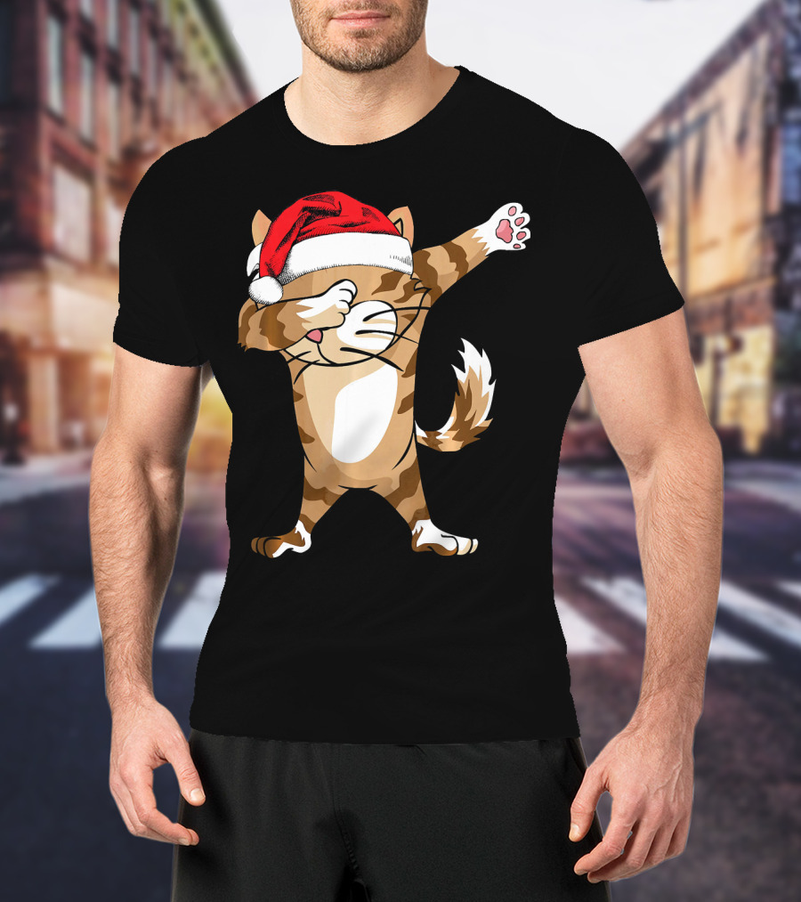 Santa Hat Dabbing Cat Christmas Holiday Fun T-Shirt