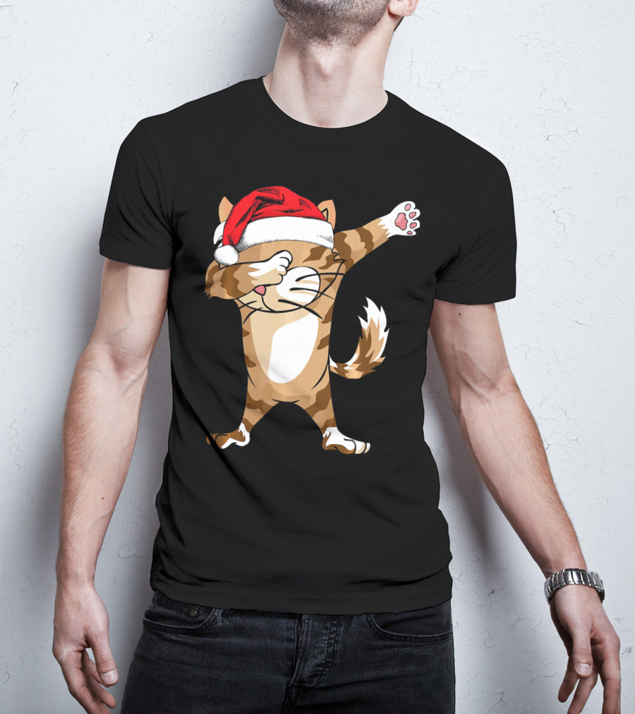 Santa Hat Dabbing Cat Christmas Holiday Fun T-Shirt