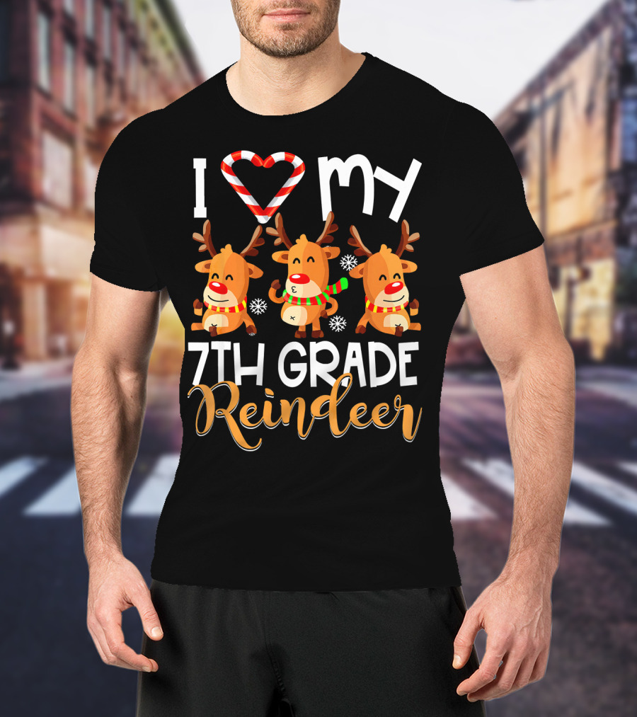 I Love My 7th Grade Reindeer Christmas Candy Cane Snowflakes T-Shirt