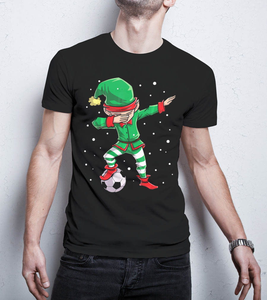Christmas Soccer Dabbing Elf Kicking Ball In Snowy Scene T-Shirt