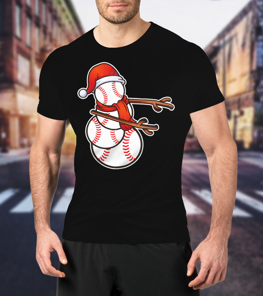 Santa Hat Snowman Made Of Baseballs Flossing T-Shirt