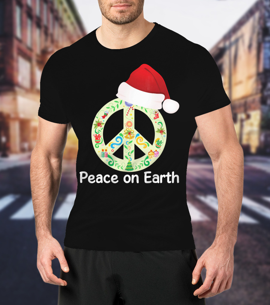 Peace On Earth Santa Hat Christmas Peace Sign T-Shirt