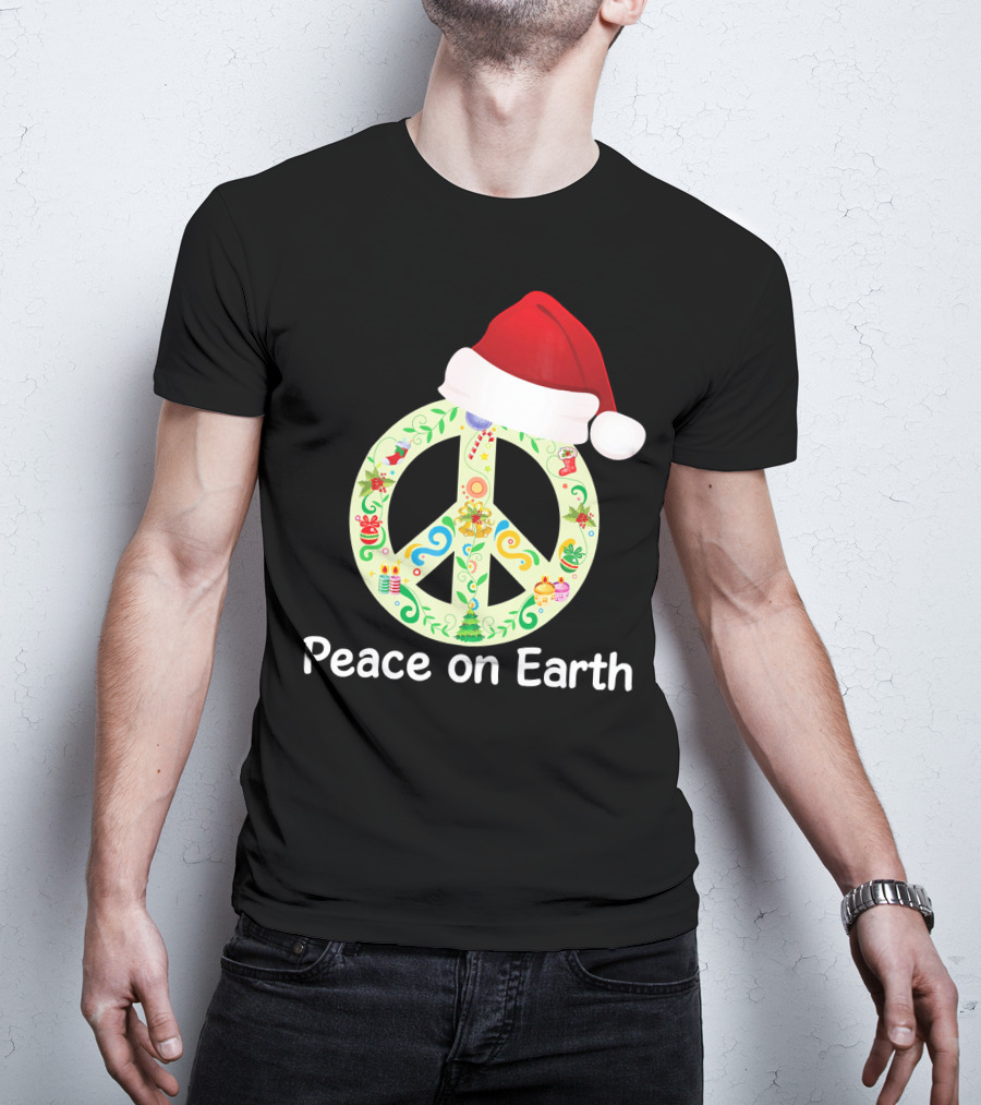 Peace On Earth Santa Hat Christmas Peace Sign T-Shirt
