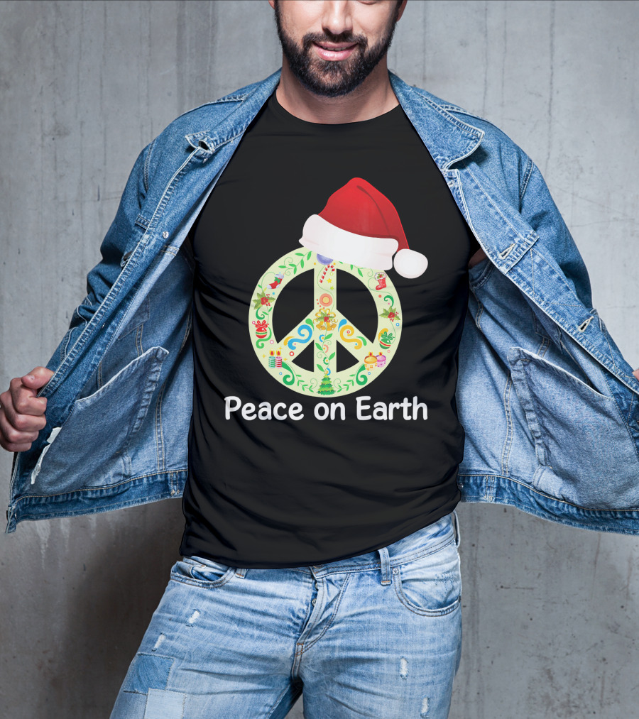 Peace On Earth Santa Hat Christmas Peace Sign T-Shirt