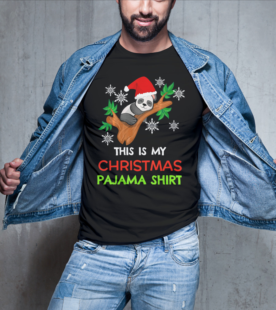 This Is My Christmas Pajama Shirt Panda Santa Hat Snowflakes T-Shirt