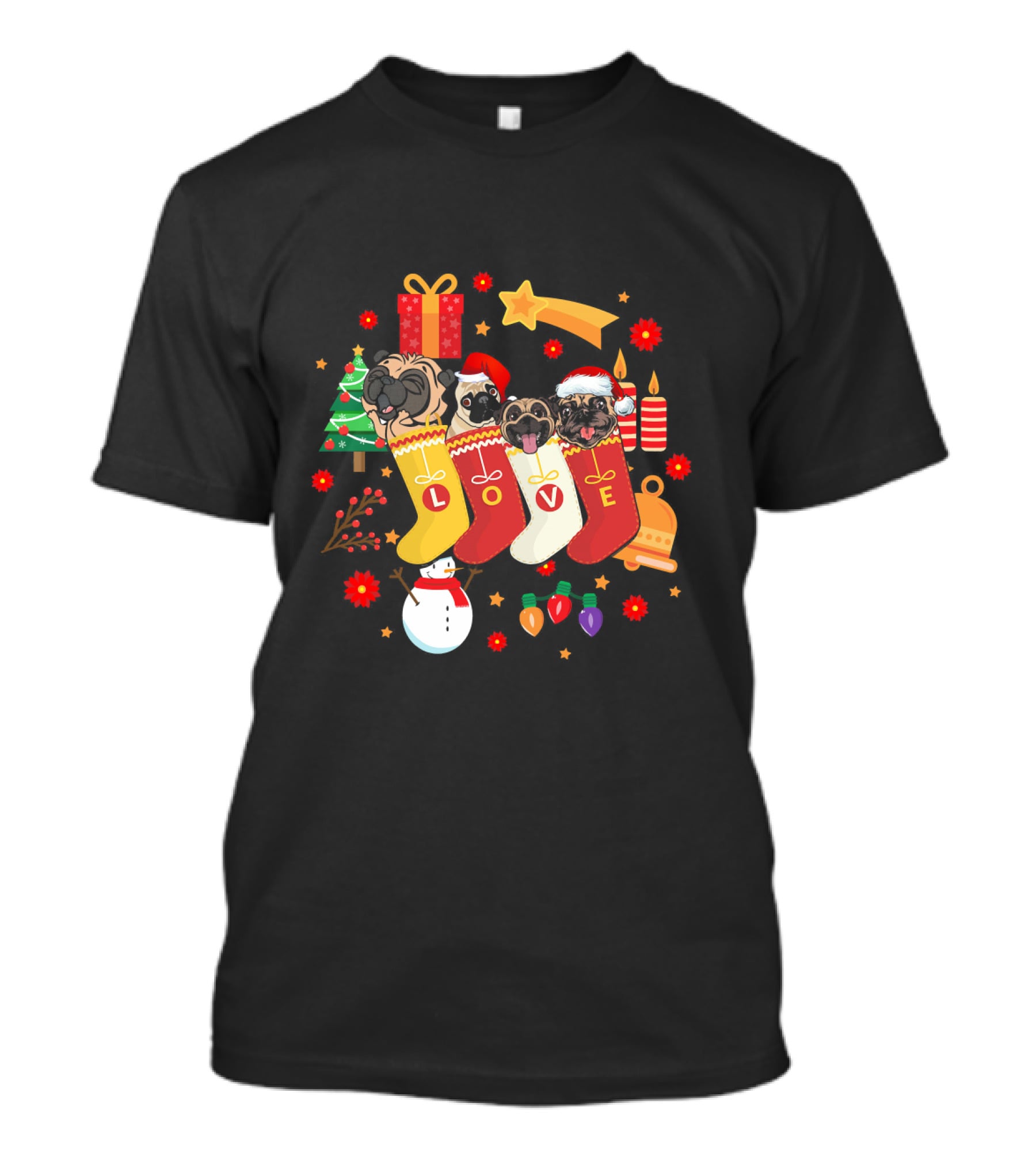 Funny Pugs Dog In Sock Love Christmas Stockings Holiday T-Shirt