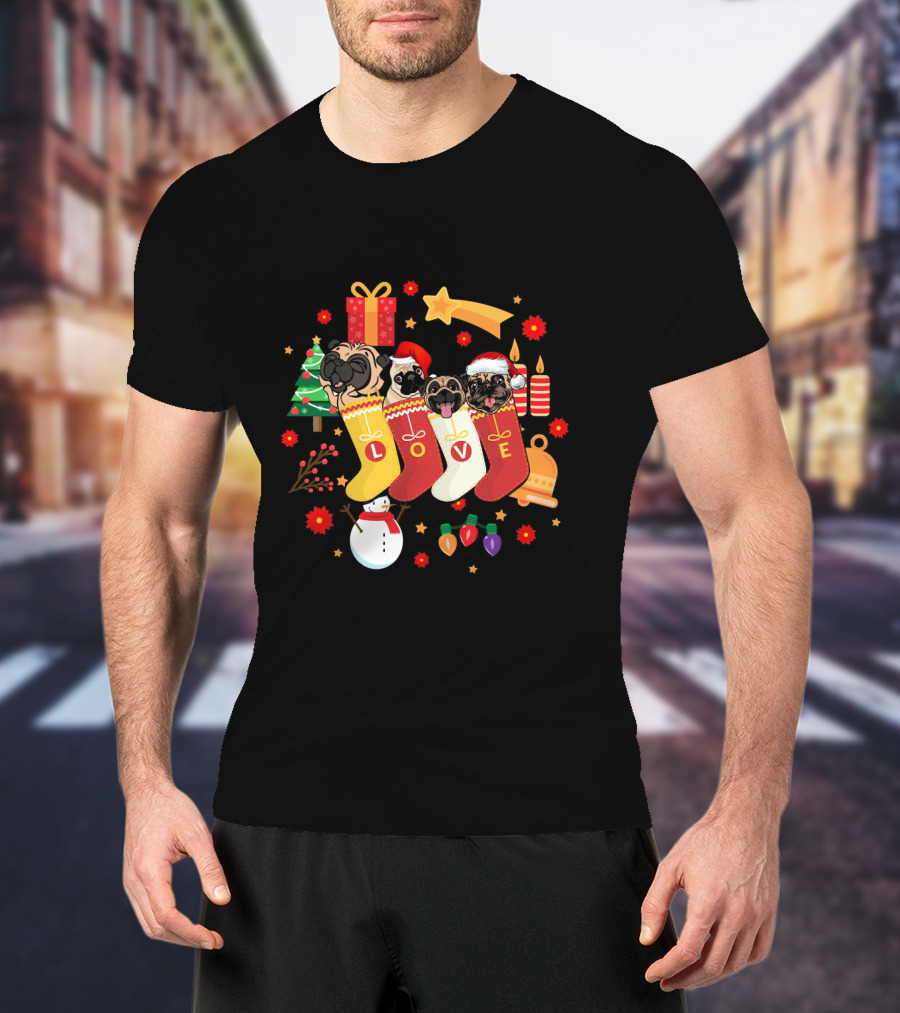 Funny Pugs Dog In Sock Love Christmas Stockings Holiday T-Shirt