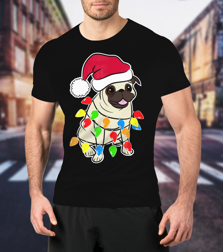 Christmas Pug Santa Pug With Festive Lights And Santa Hat T-Shirt