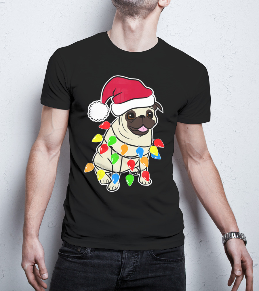 Christmas Pug Santa Pug With Festive Lights And Santa Hat T-Shirt