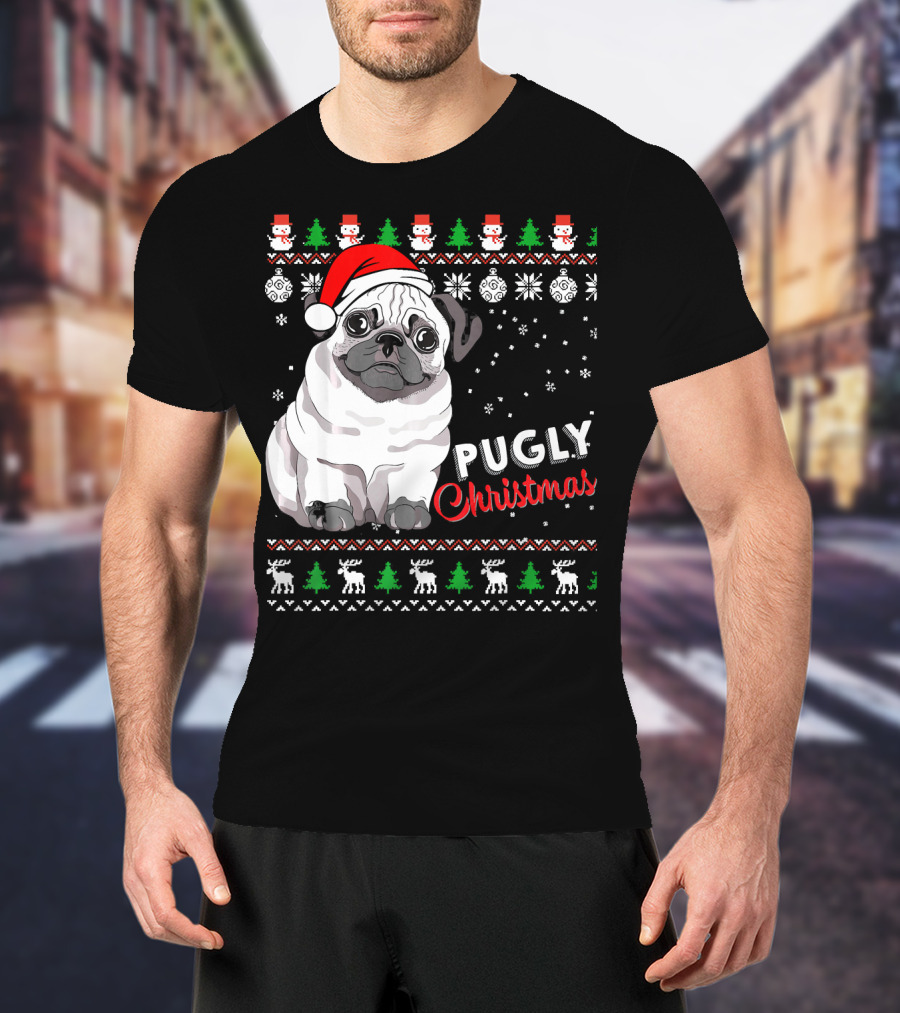 Pugly Christmas Santa Hat Snowflakes Ugly T-Shirt