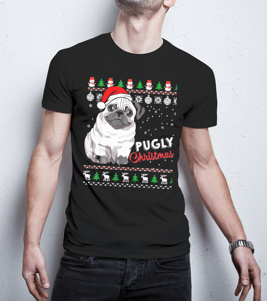 Pugly Christmas Santa Hat Snowflakes Ugly T-Shirt