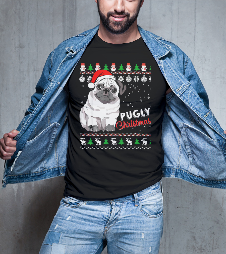 Pugly Christmas Santa Hat Snowflakes Ugly T-Shirt