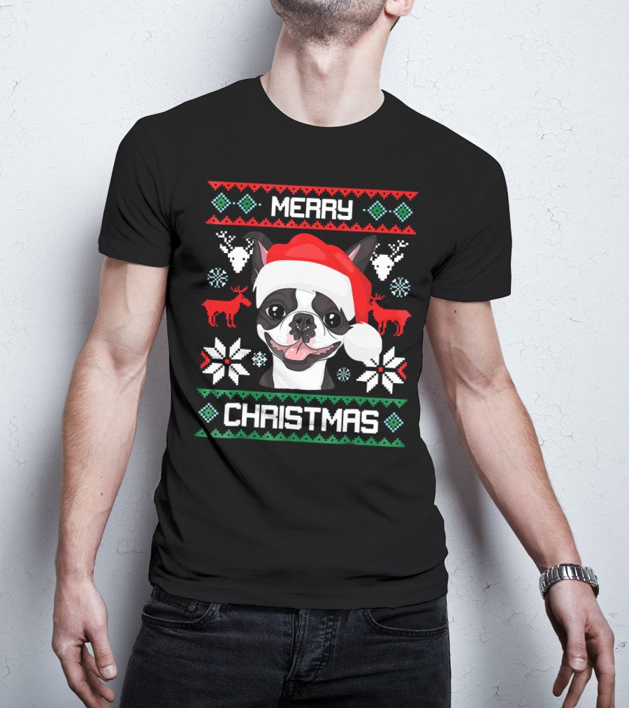 Merry Christmas Boston Terrier Santa Hat Ugly Sweater Holiday T-Shirt