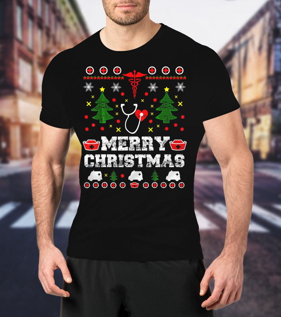 MERRY CHRISTMAS Nurse Ugly Stethoscope And Medical Symbols T-Shirt