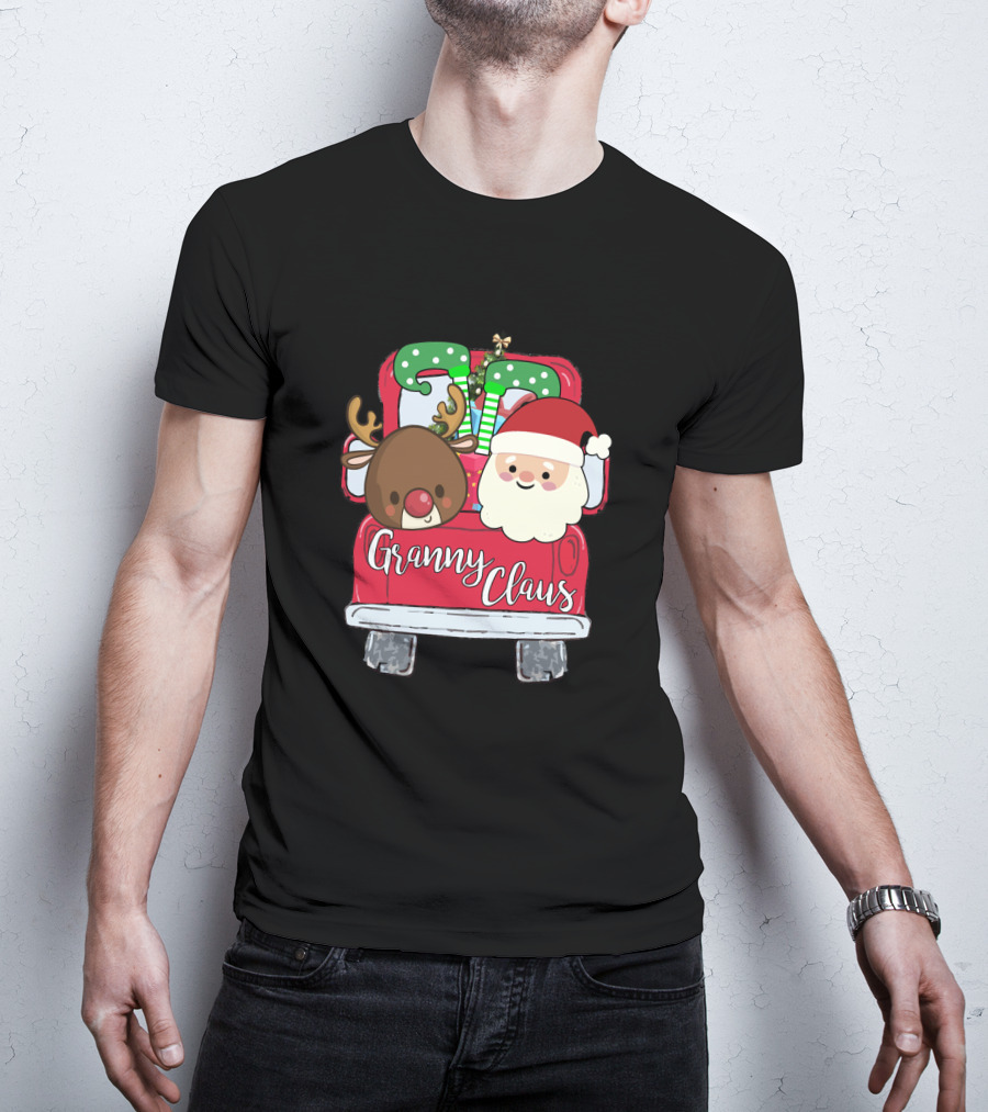 Granny Claus Santa And Reindeer In Christmas Car With Gifts T-Shirt