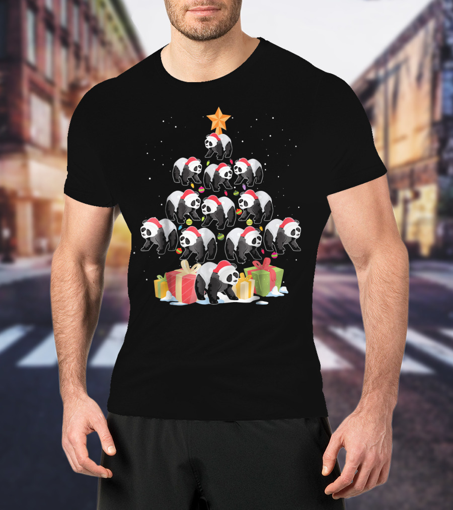 Funny Panda Christmas Tree Presents Star T-Shirt
