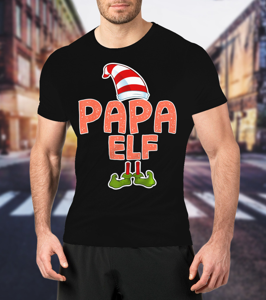 Papa Elf Funny Merry Christmas Striped Hat And Green Shoes T-Shirt