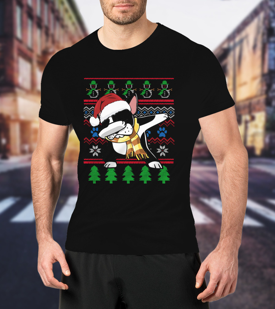 Boston Terrier Dabbing Santa Hat UglyStyl Christmas Sweater Snowmen Trees T-Shirt