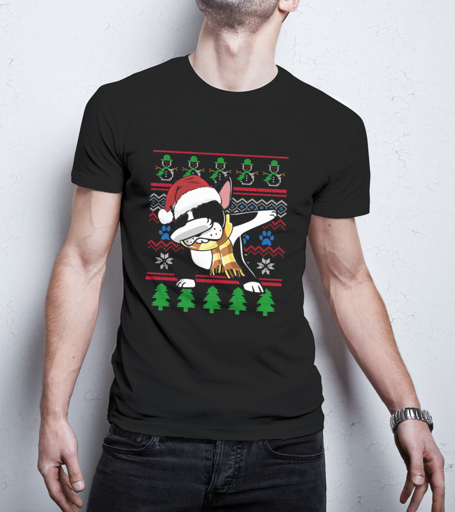 Boston Terrier Dabbing Santa Hat UglyStyl Christmas Sweater Snowmen Trees T-Shirt