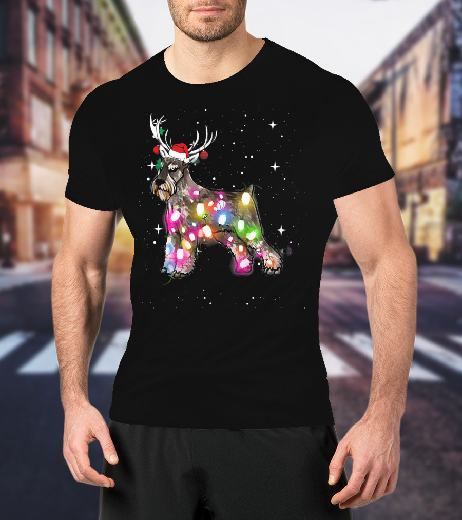Festive Christmas Lights Standard Schnauzer With Santa Hat And Reindeer Antlers T-Shirt