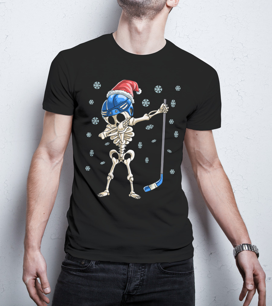 Santa Hat Dabbing Skeleton Ice Hockey With Snowflakes T-Shirt