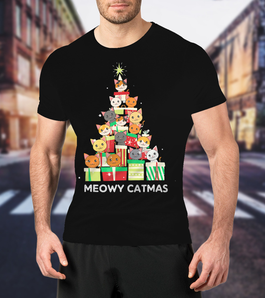 Meowy Catmas Funny Cat Christmas Tree Box T-Shirt