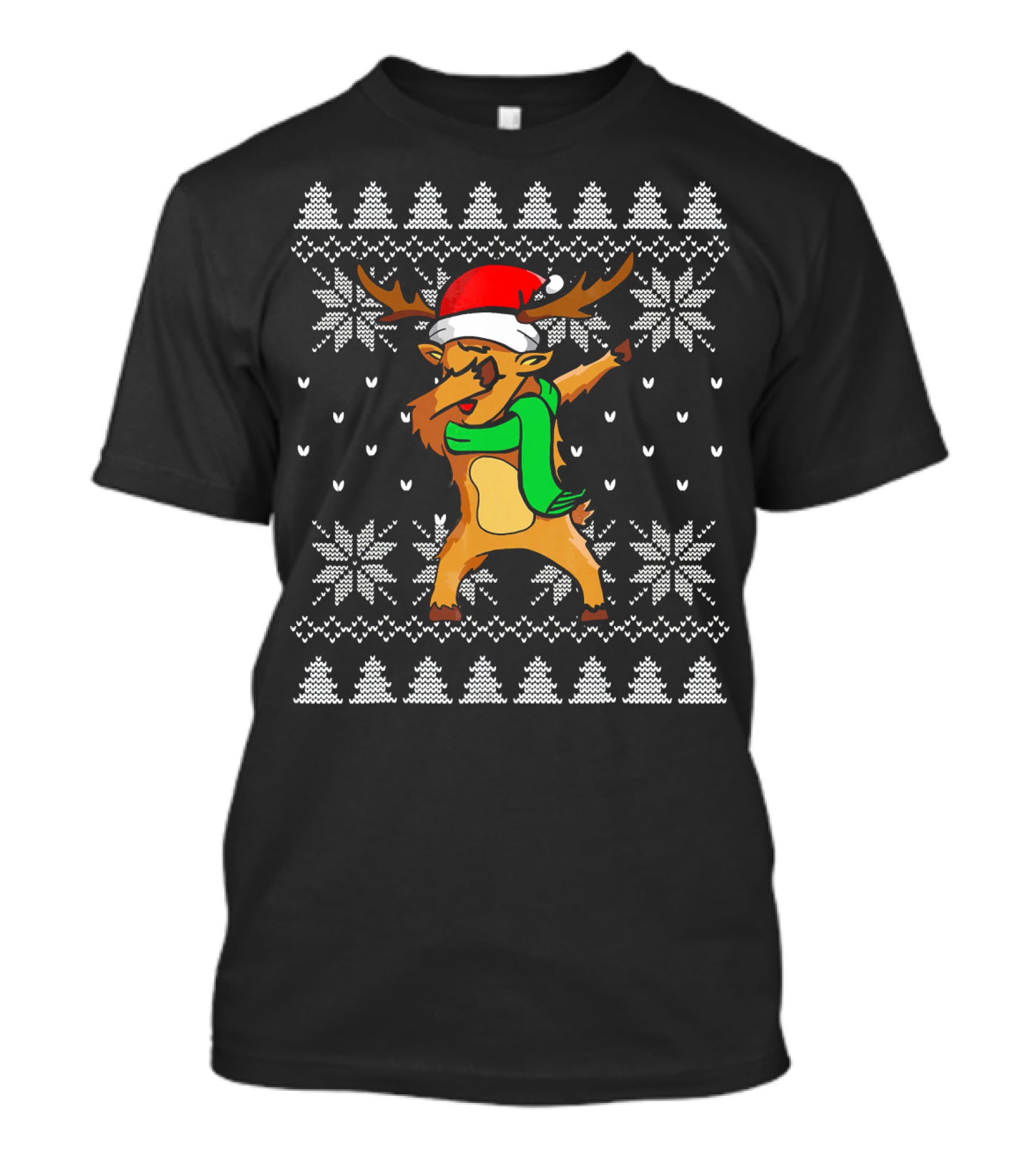 Funny Christmas Dabbing Reindeer In Santa Hat And Scarf Ugly T-Shirt