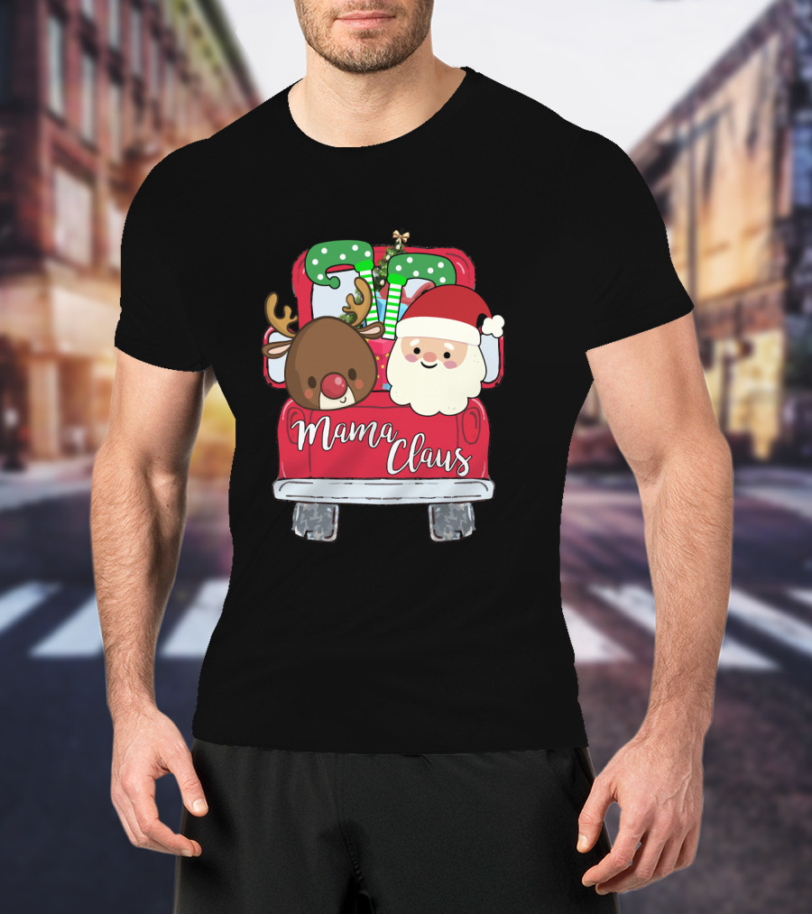 Mama Claus Funny Christmas Car With Santa And Reindeer T-Shirt