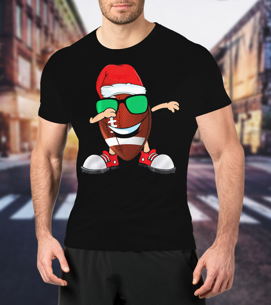Dabbing Football Wearing Santa Hat With Green Sunglasses And Red Sneakers T-Shirt