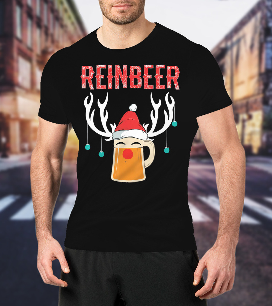 Reinbeer Christmas Antler Humor With Santa Hat Beer Mug T-Shirt